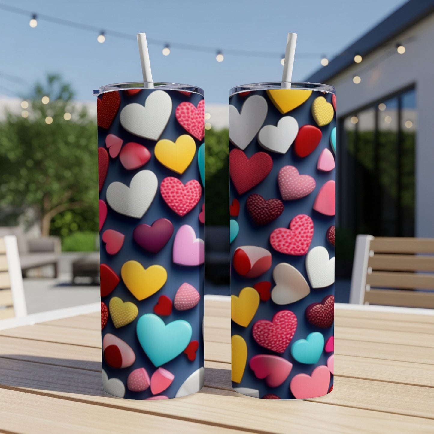 Two tumblers with a pattern of colorful hearts on a wooden table.