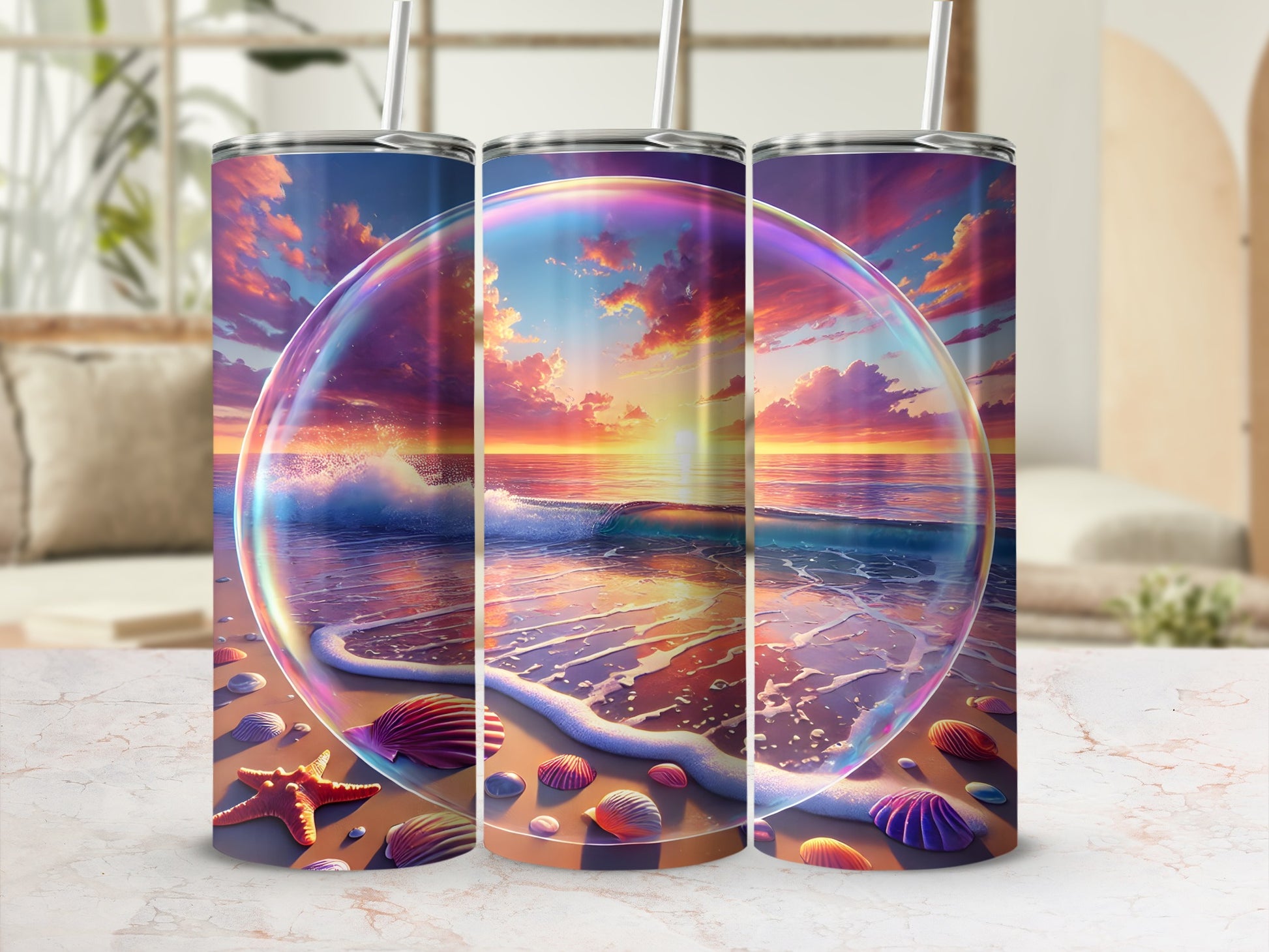 Three beach scene tumblers with starfish and seashells, set against a sunset bubble.