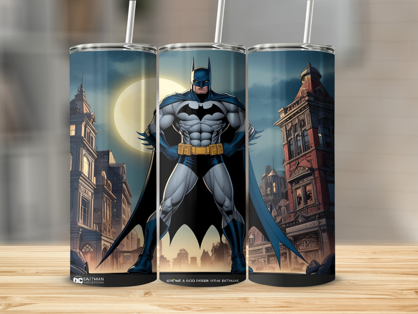 Batman standing in a city with a moon behind him.