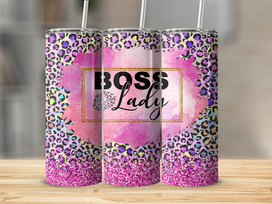 Leopard print tumbler with pink watercolor and "Boss Lady" text.