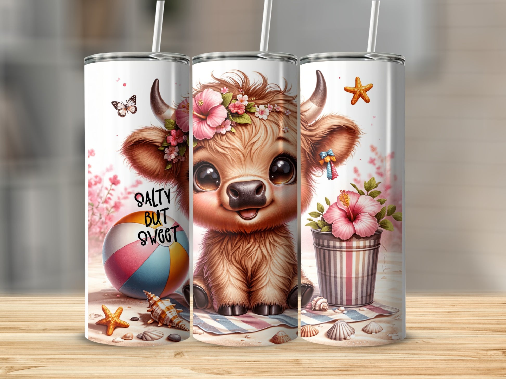Cute cartoon cow with flowers and seashells on a beach, text reads "Salty but Sweet".