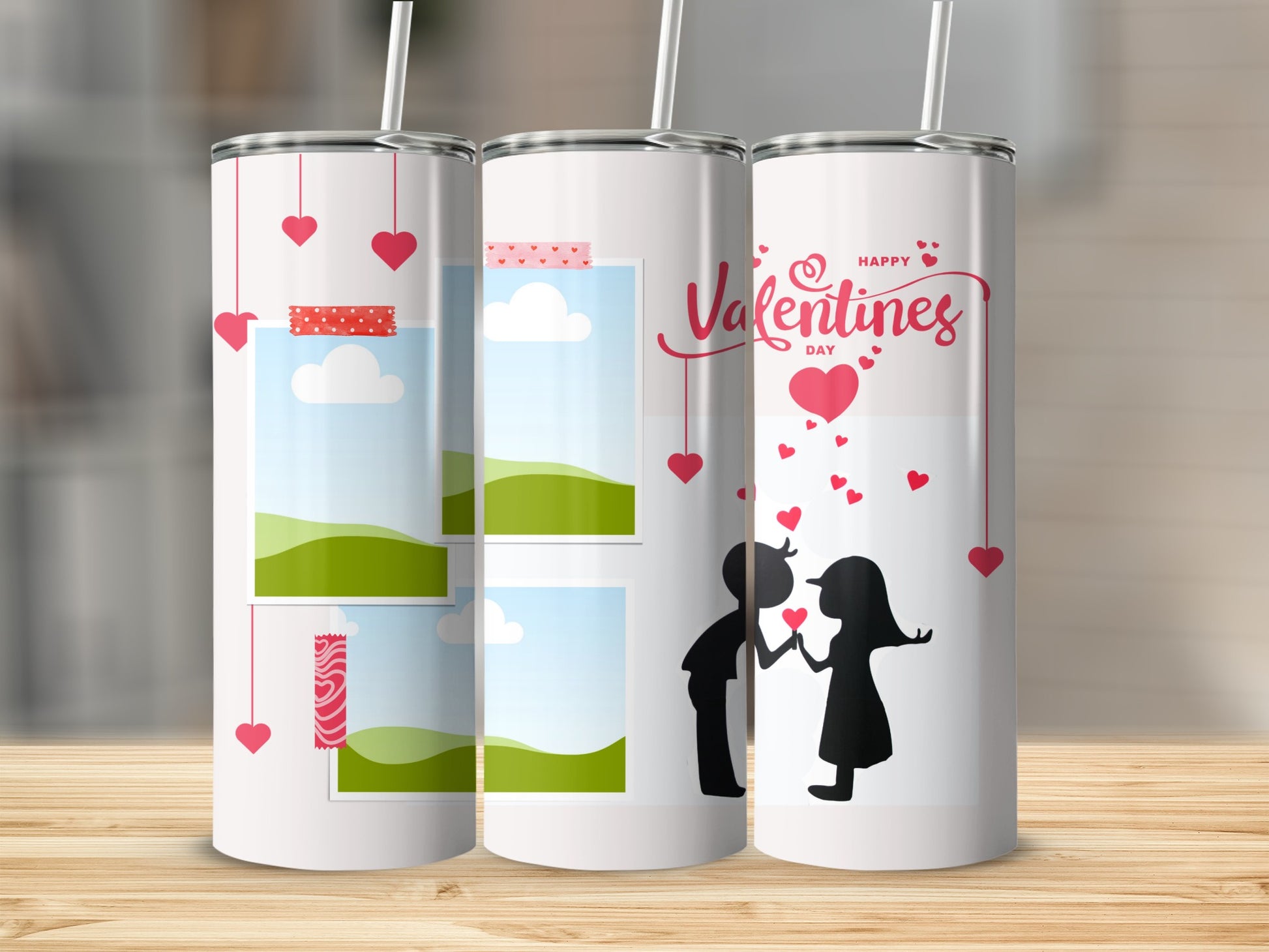 White tumblers with Valentine's Day designs, including photo placeholders and kissing silhouettes.
