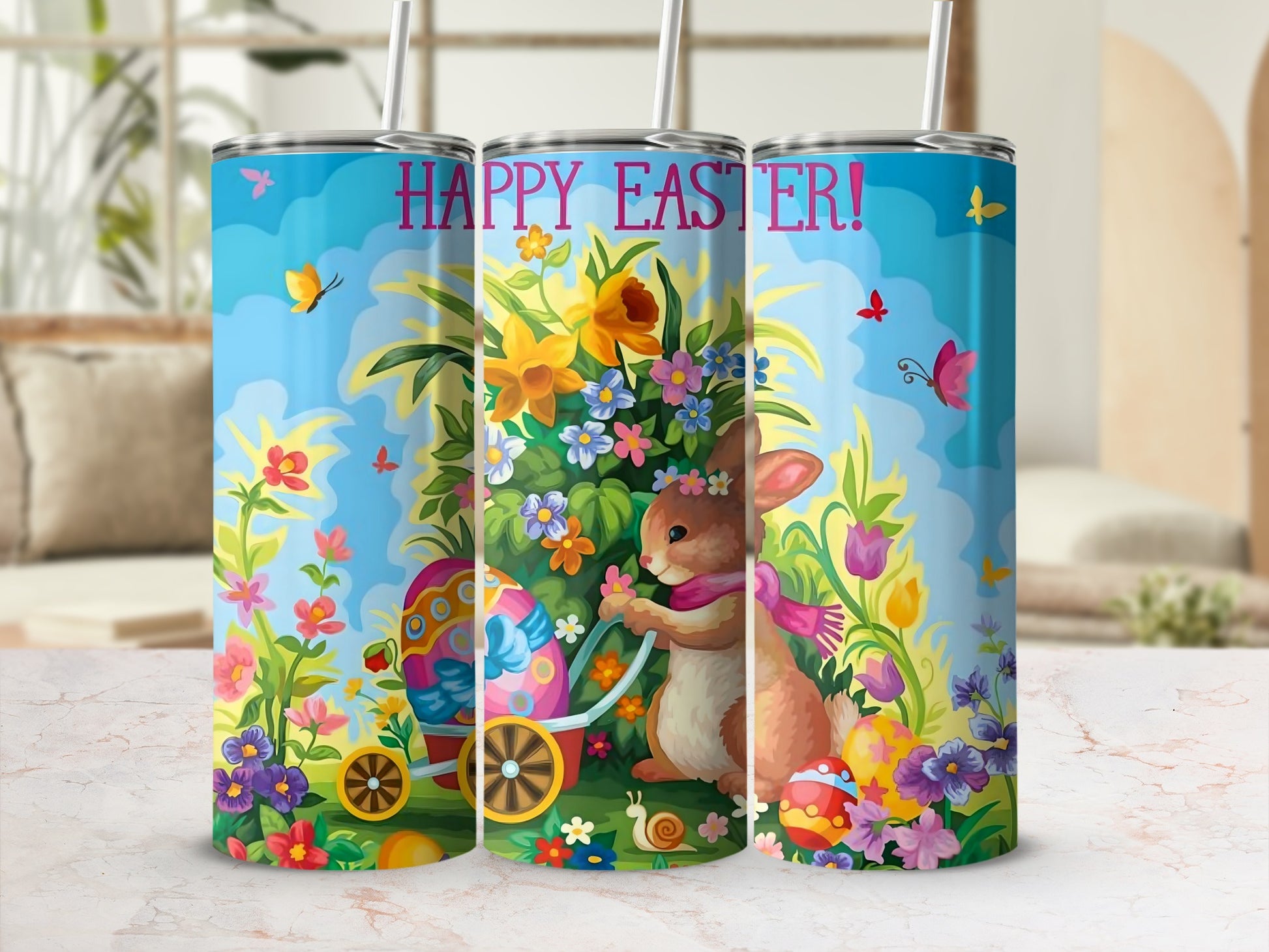 Happy Easter Colorful Floral Bunny Scene Tumbler