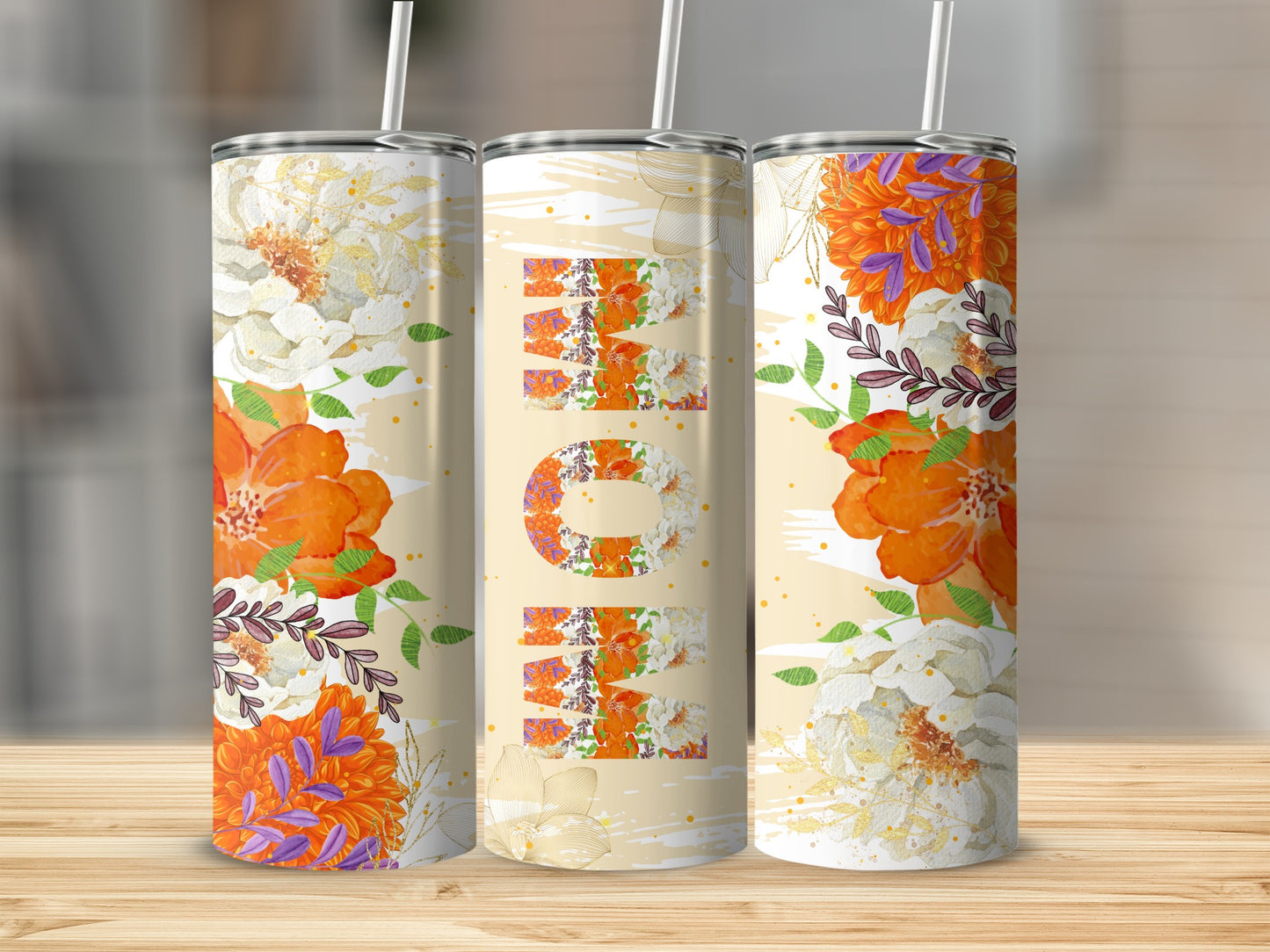 Floral Design Insulated Tumbler with Straw 16oz