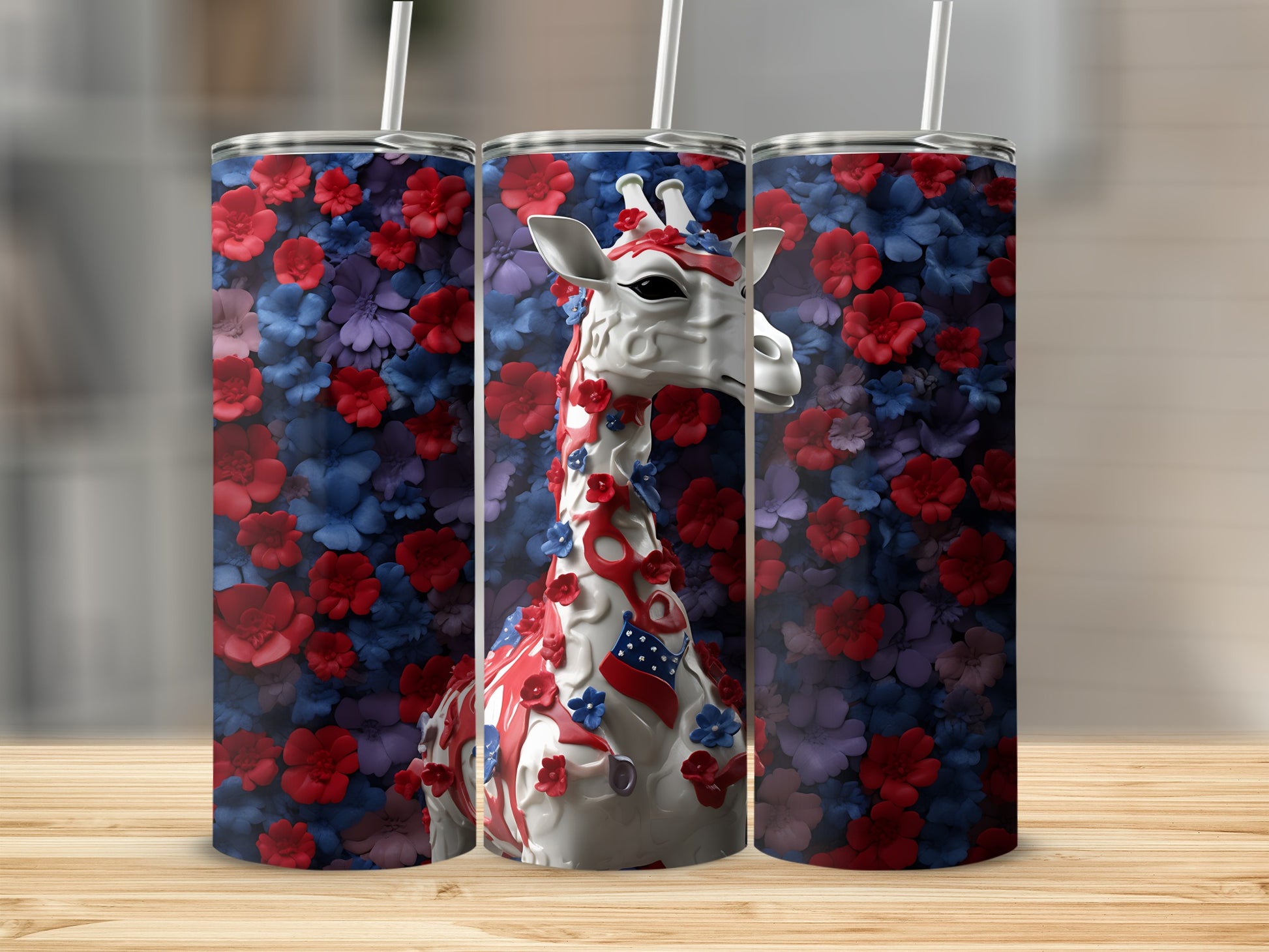 Giraffe tumbler with patriotic floral design.