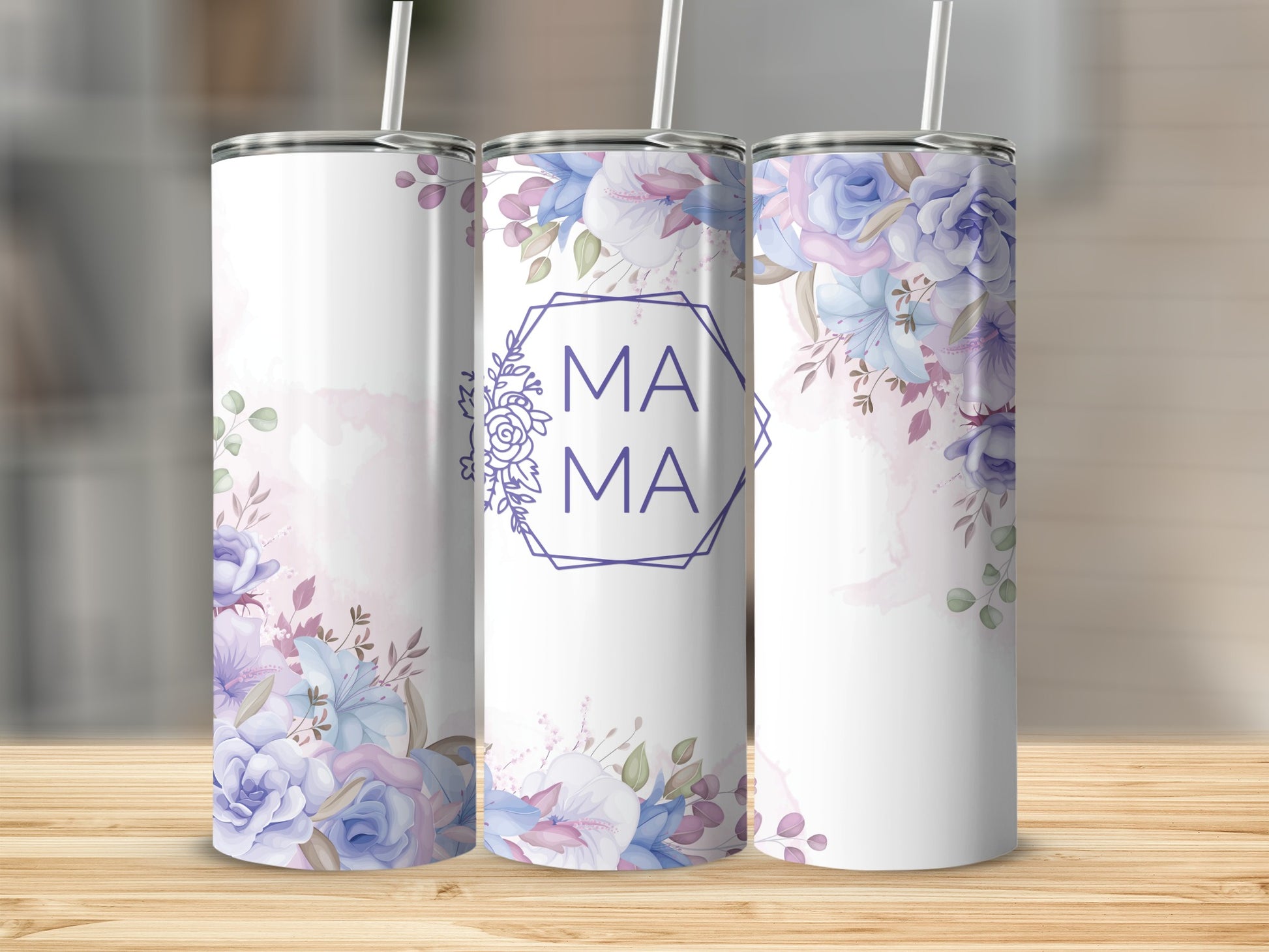 Three tumblers with purple and blue floral designs and "Mama" text.