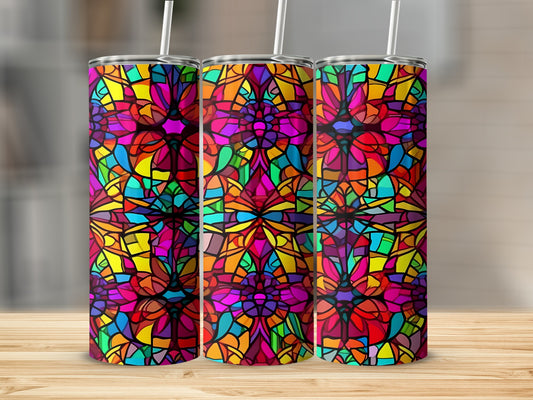 Three tumblers with a vibrant stained glass pattern in bright colors.
