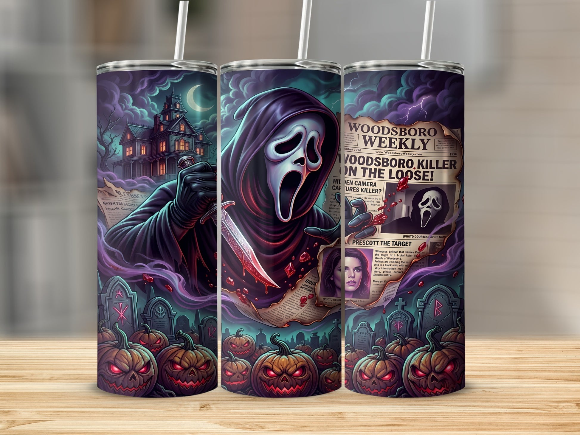 Ghostface killer, haunted house, newspaper headline, and jack-o'-lanterns on a tumbler.