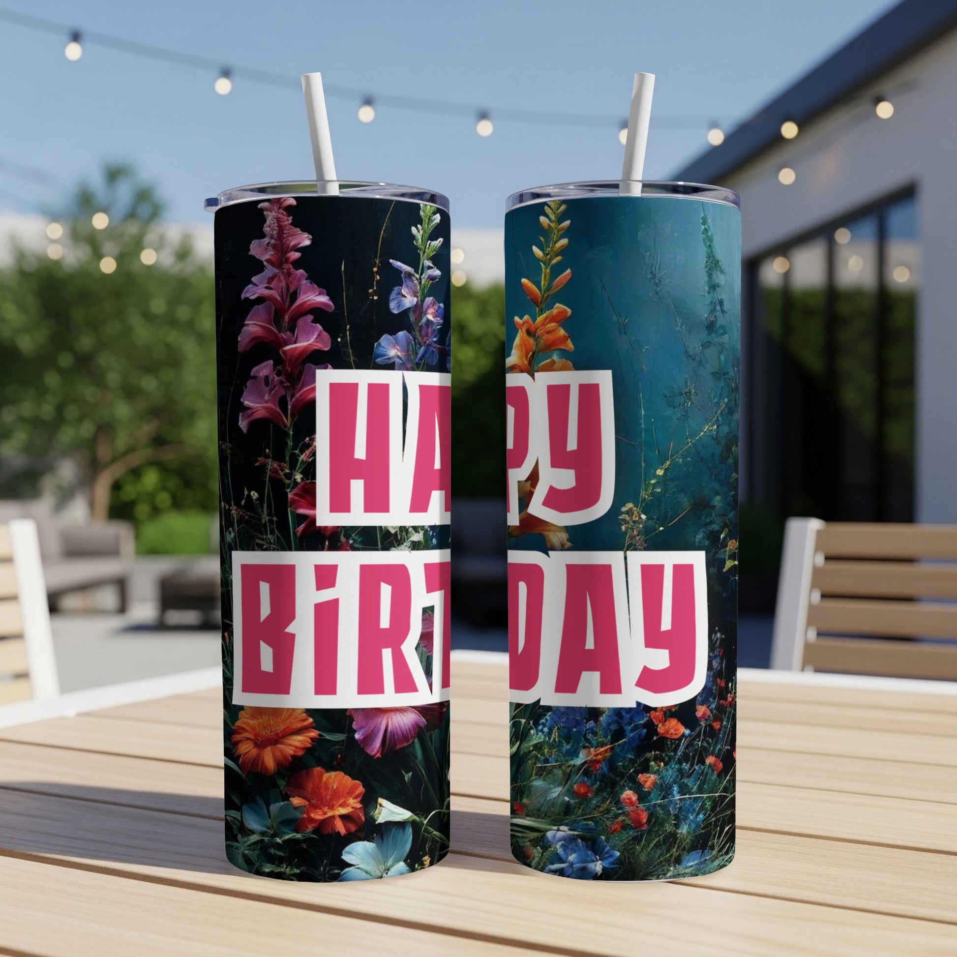 Two tall tumblers featuring a vibrant floral pattern and "Happy Birthday" text.