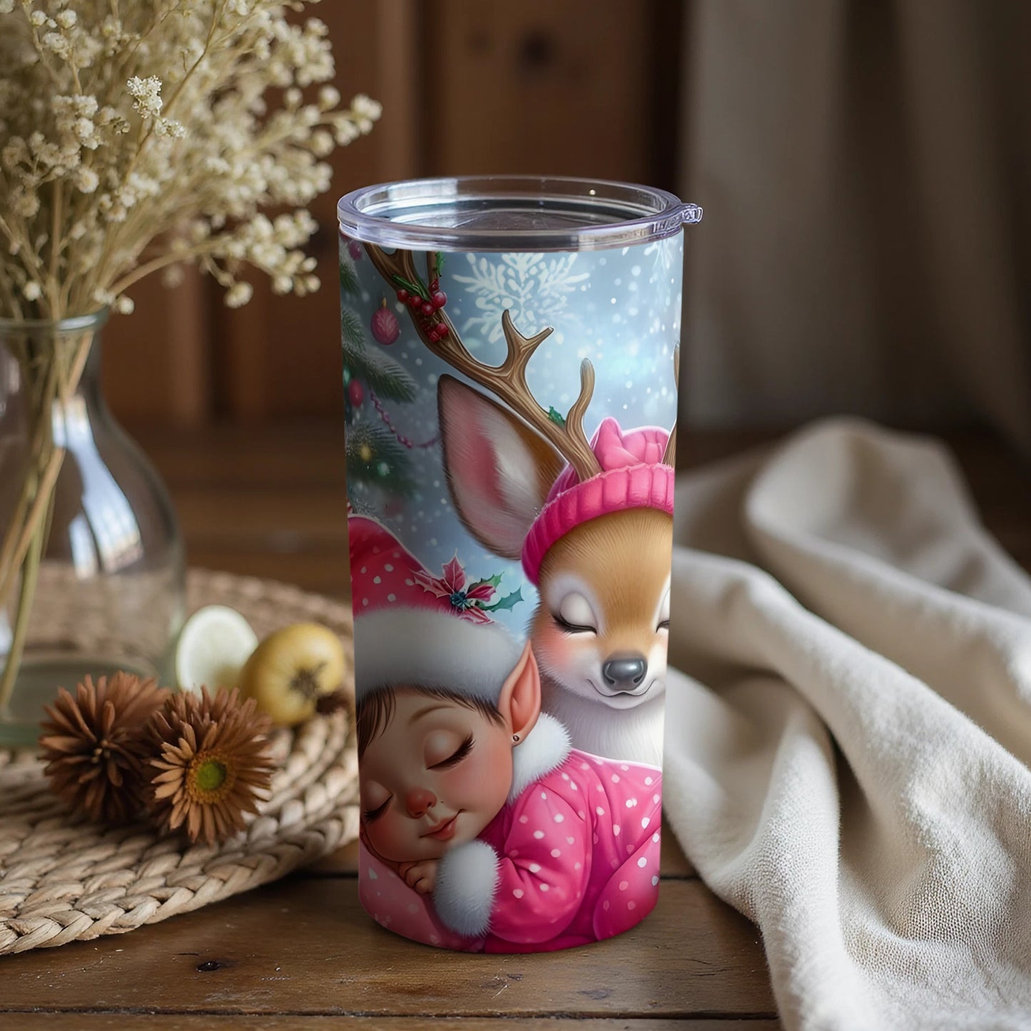 Adorable Sleepy Child with Deer Tumbler