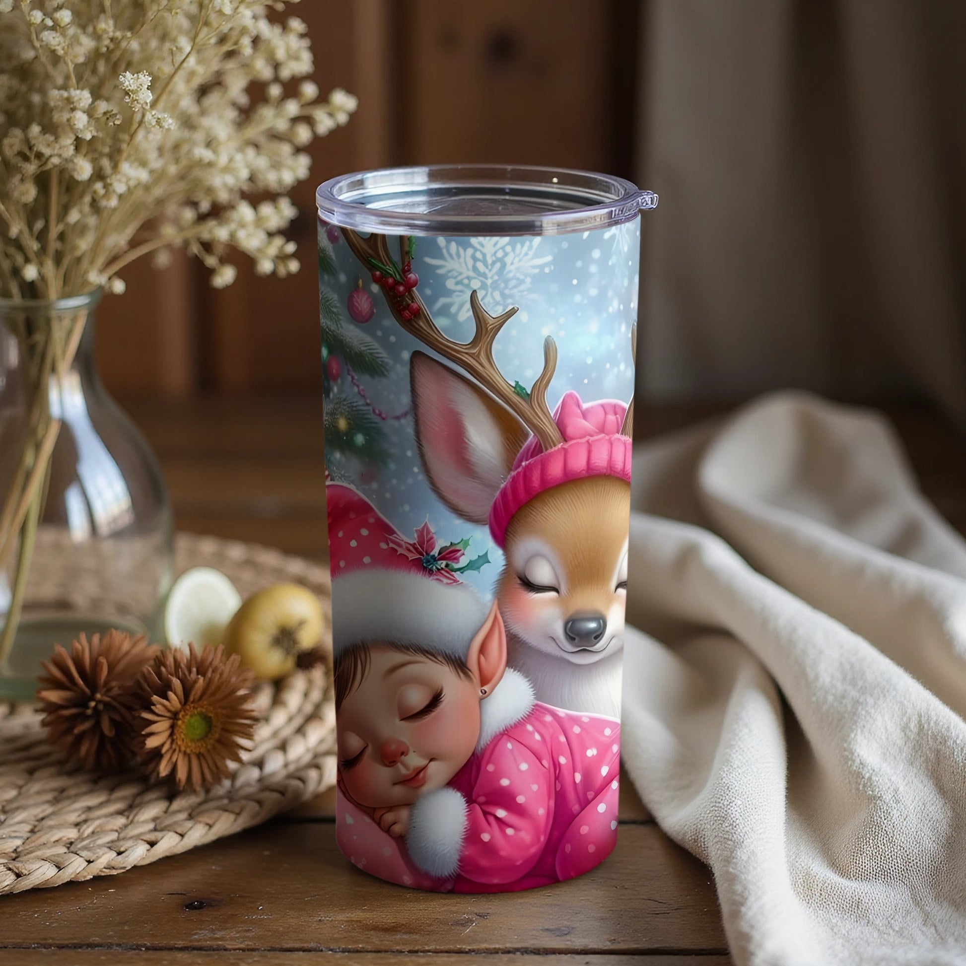 Adorable Sleepy Child with Deer Tumbler
