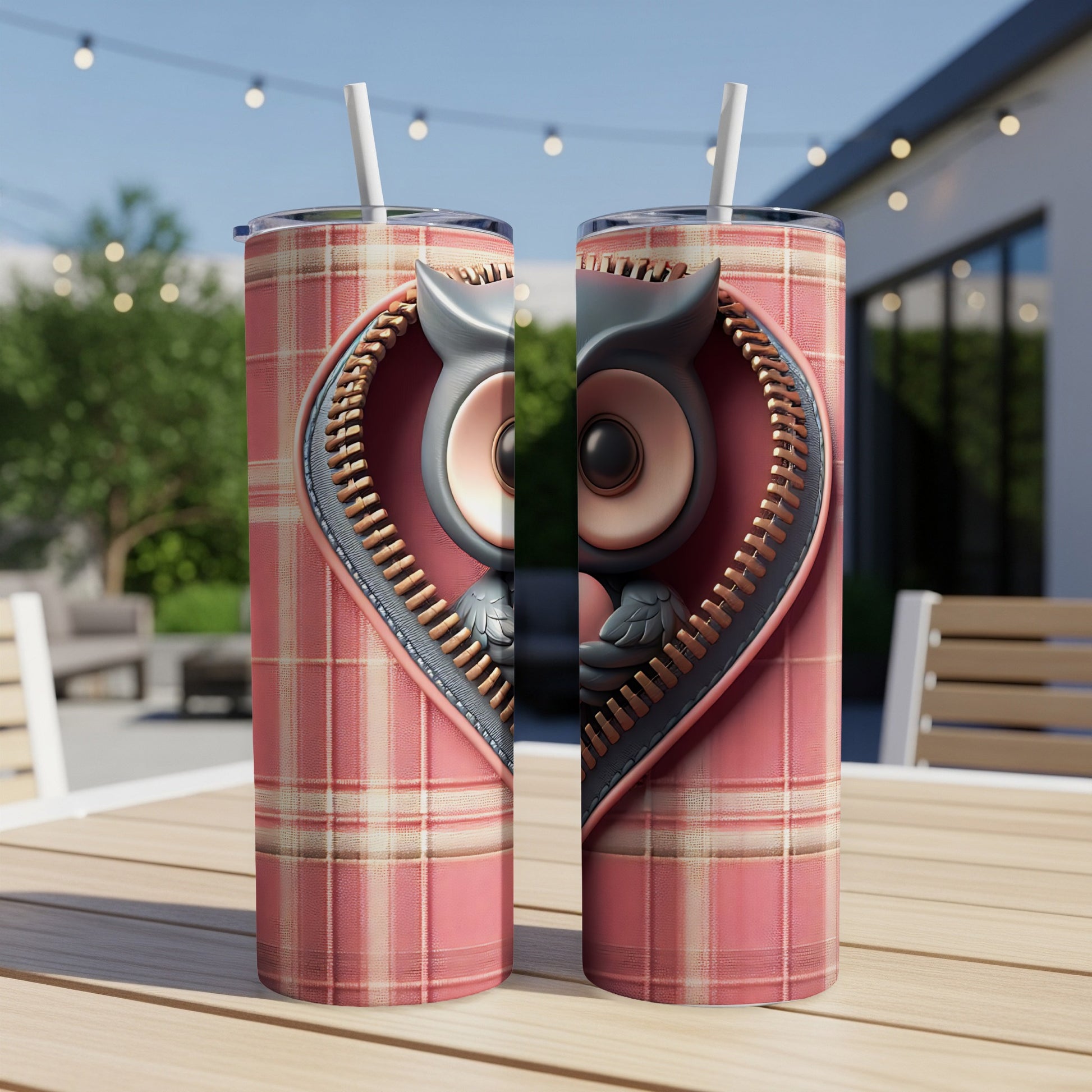 Pink plaid tumbler with zippered owl design.