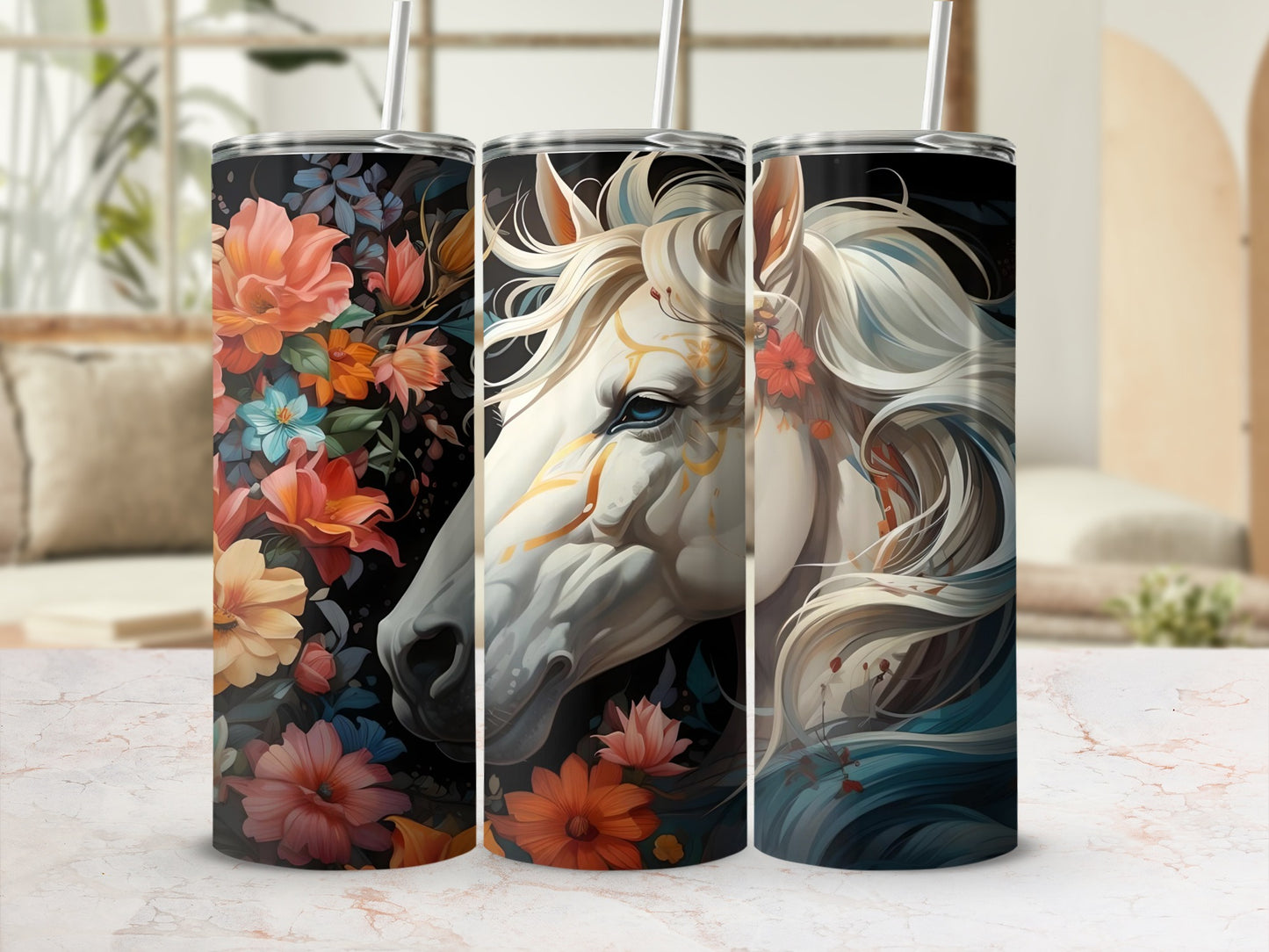 Elegant Horse and Floral Design Tumbler for Daily Use