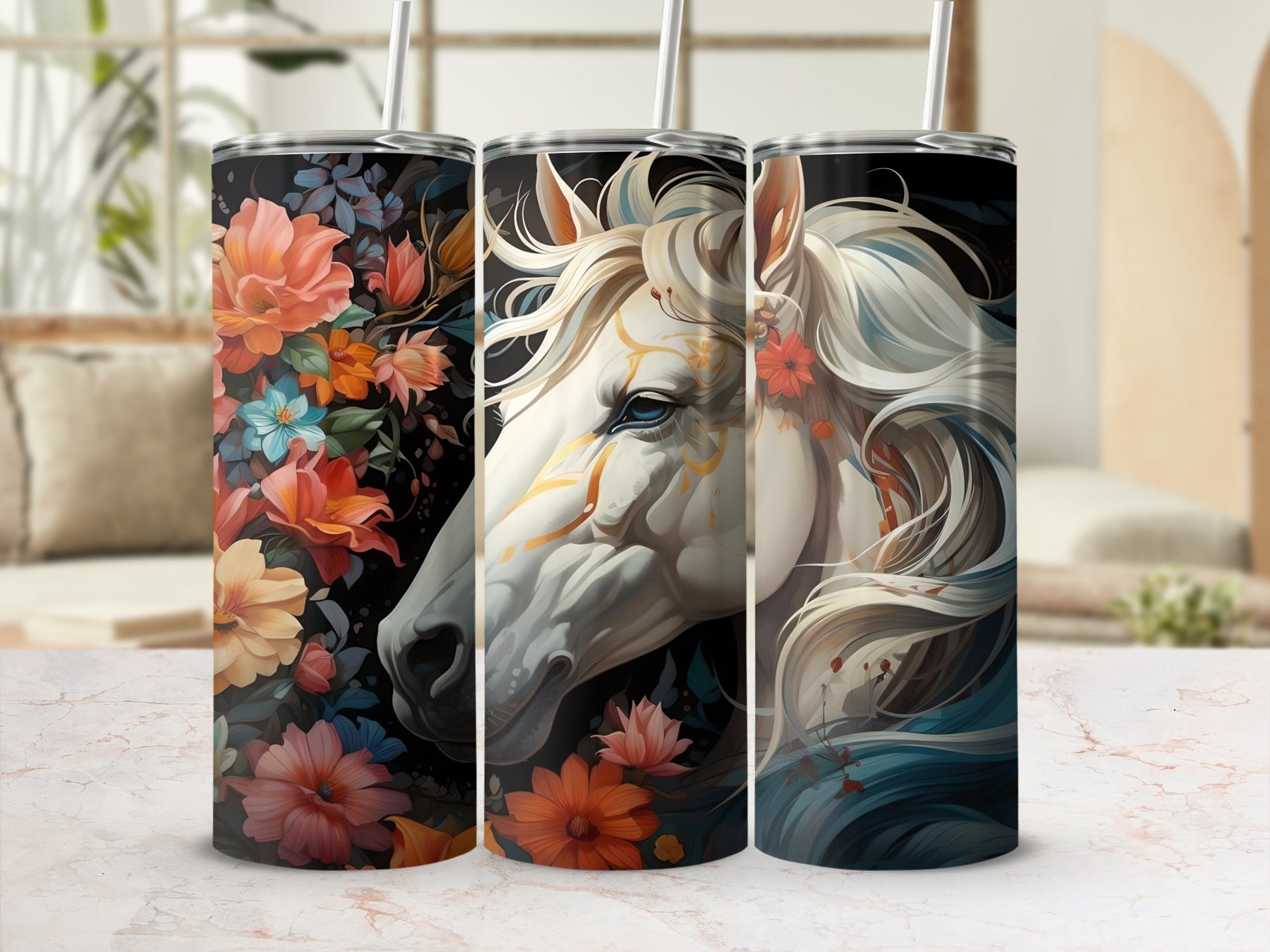 Elegant Horse and Floral Design Tumbler for Daily Use