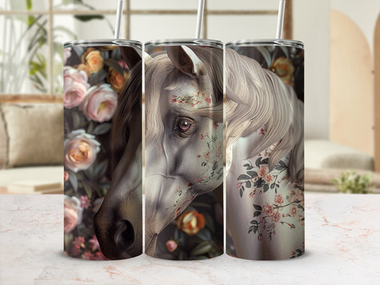 Three tumblers featuring a horse with floral accents against a floral background.