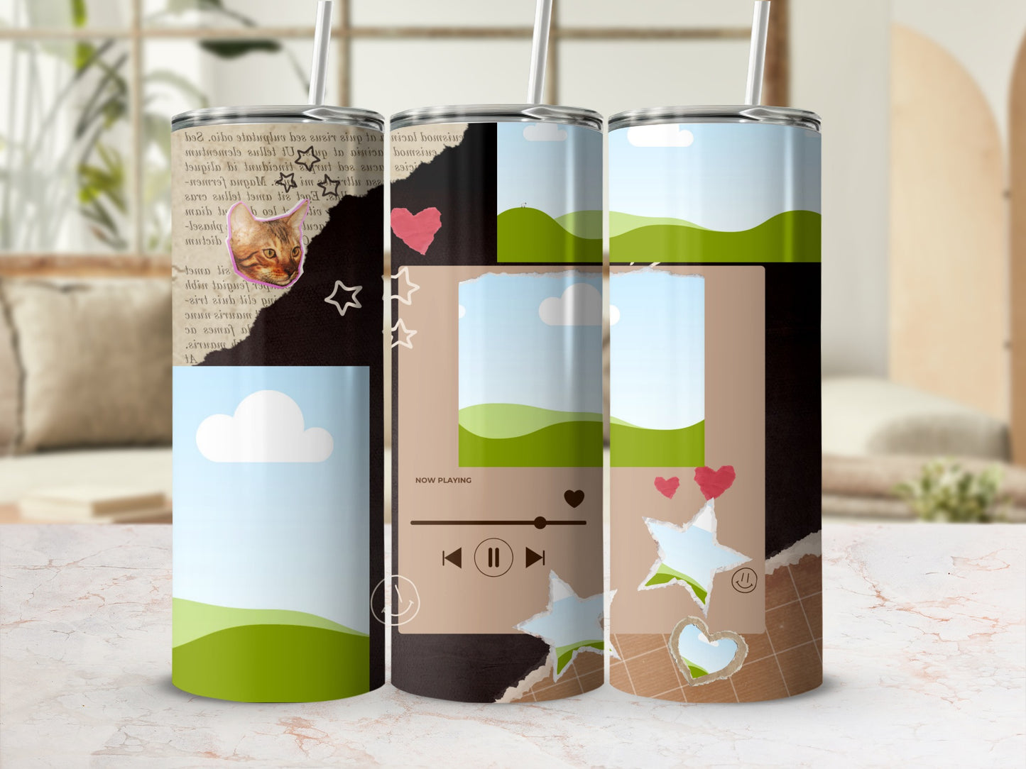 Trio of tumblers with collage design featuring a cat, music player, clouds, and hearts.