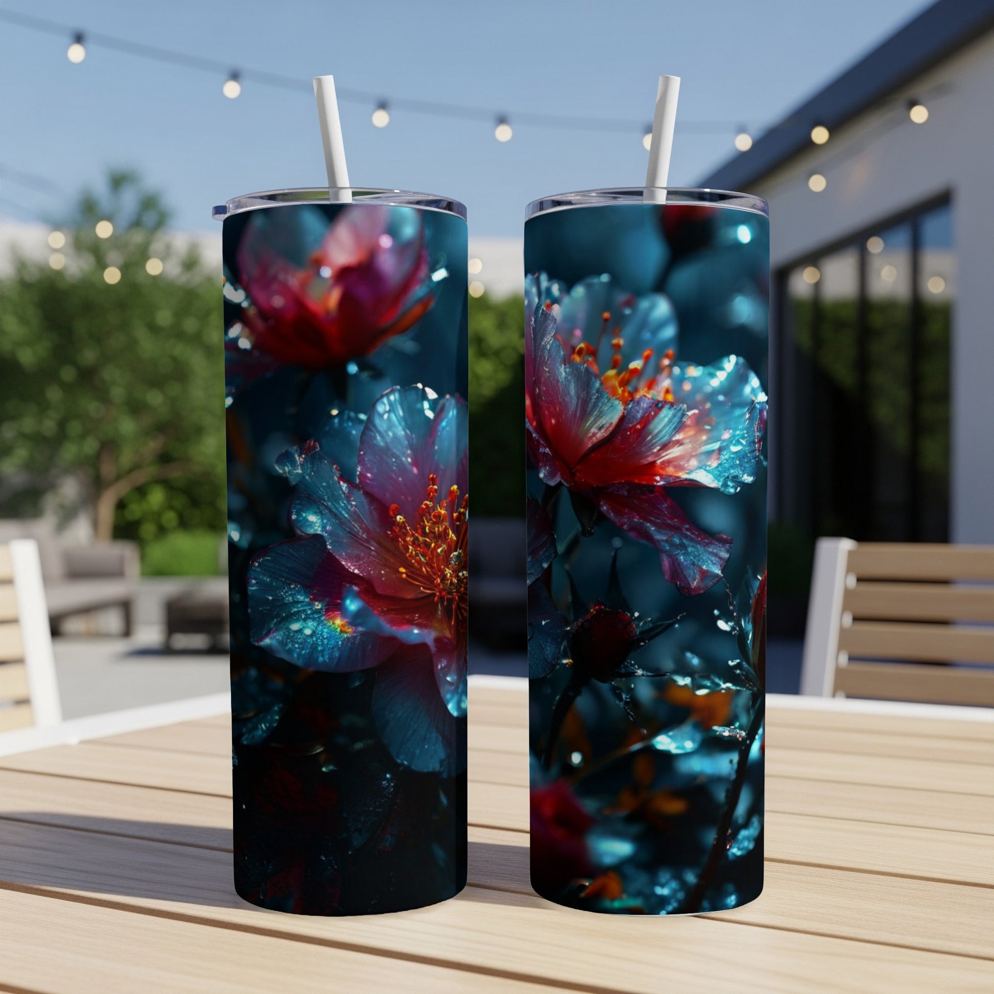 Two tumblers with a close-up of dew-covered pink and blue flowers.