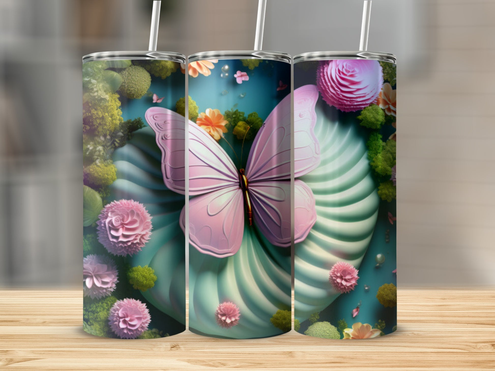 Pink butterfly and floral design on a tumbler.
