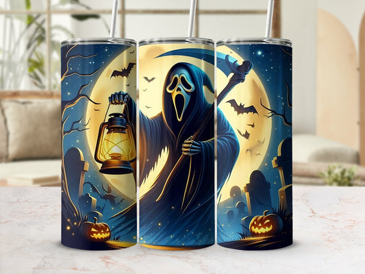 Grim reaper with lantern and scythe on Halloween themed tumbler design.
