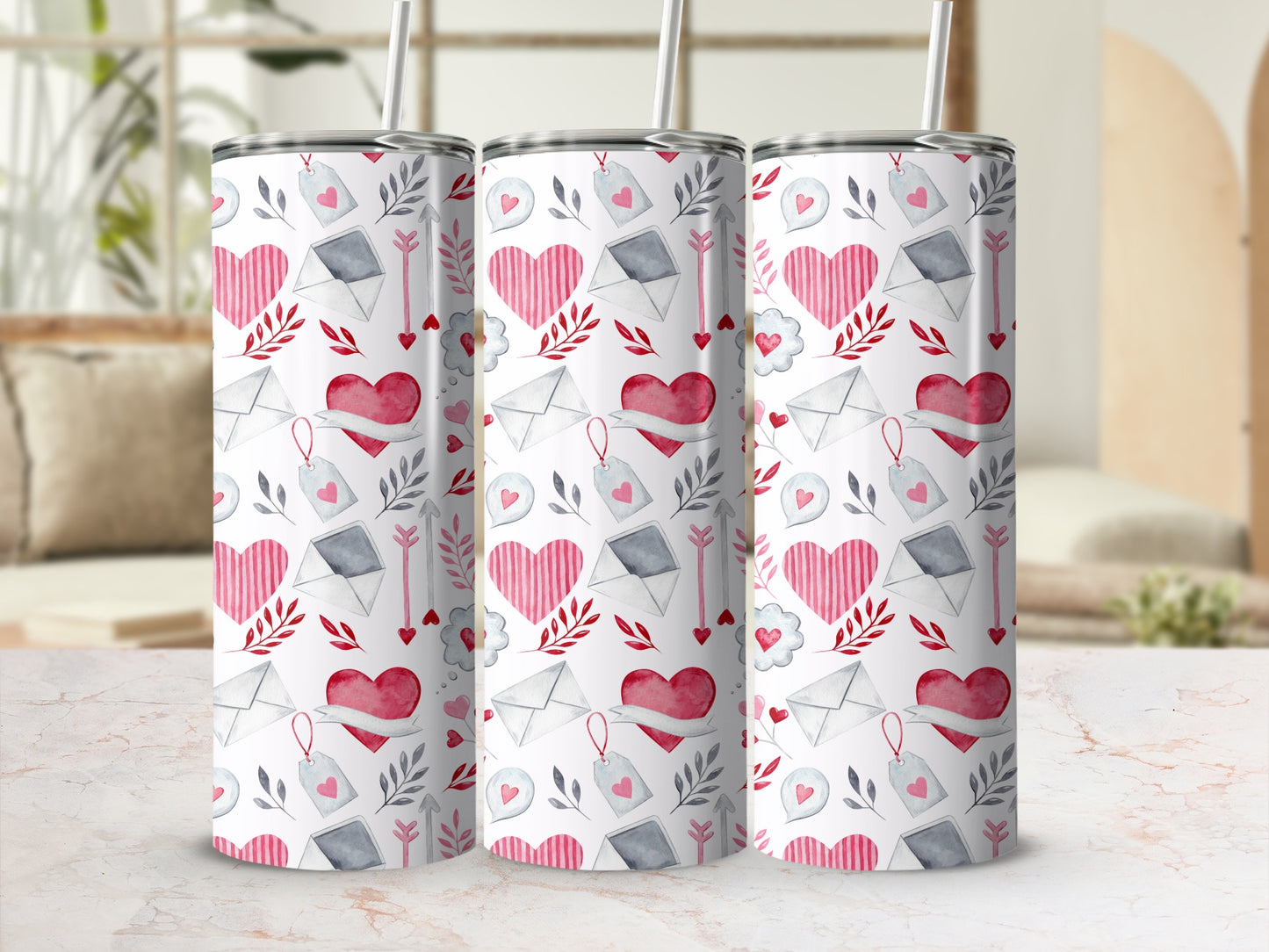 Red and Pink Hearts and Envelope Design Tumbler Product