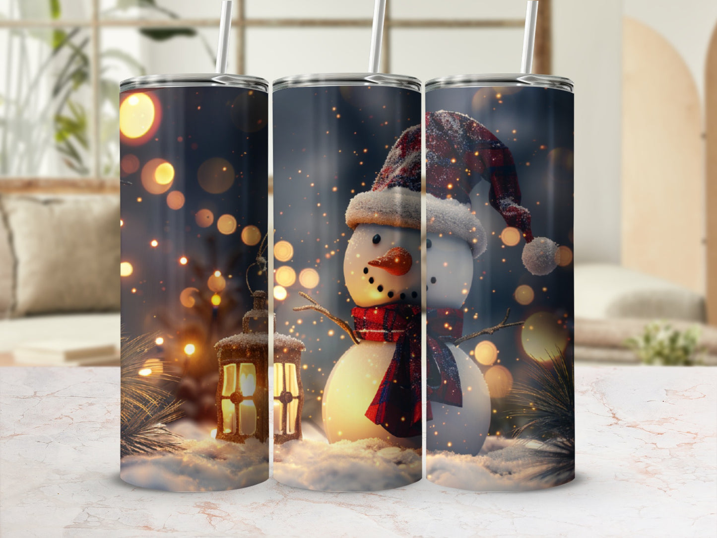Snowman tumbler with Santa hat and scarf, festive lights and lantern background.