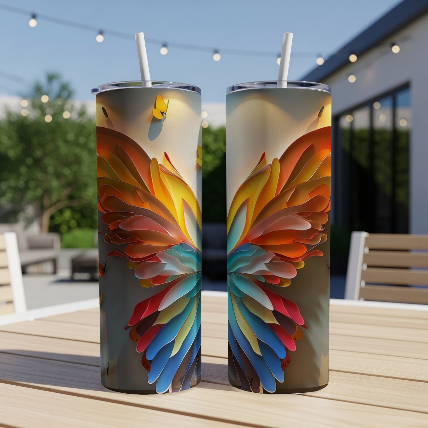 Two tumblers with colorful butterfly wing designs on a table.