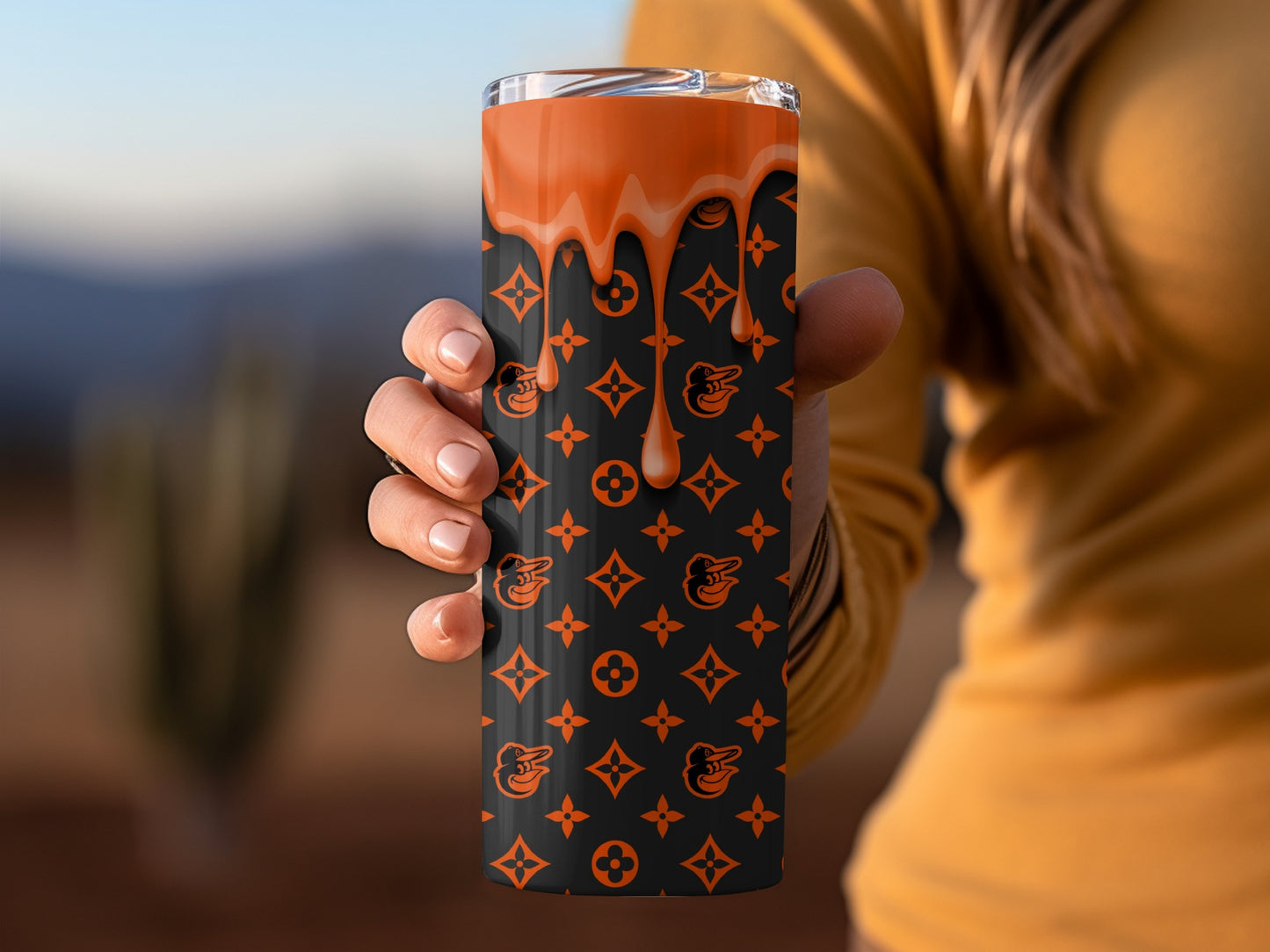 Orange Drip With Baltimore Orioles Pattern Tumblers