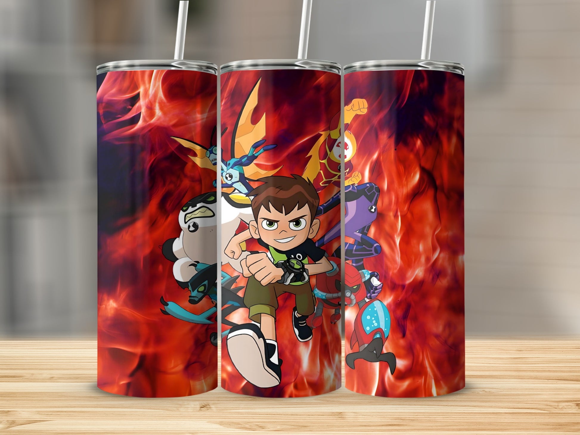 Ben 10 Characters with Fiery Background Tumbler