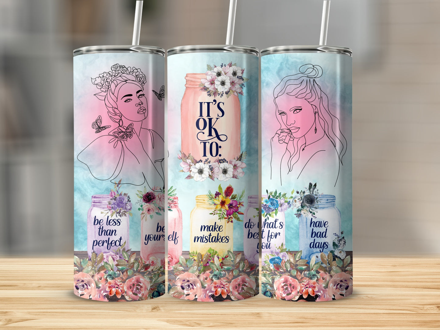 Inspirational Floral Art Tumblers with Motivational Quotes