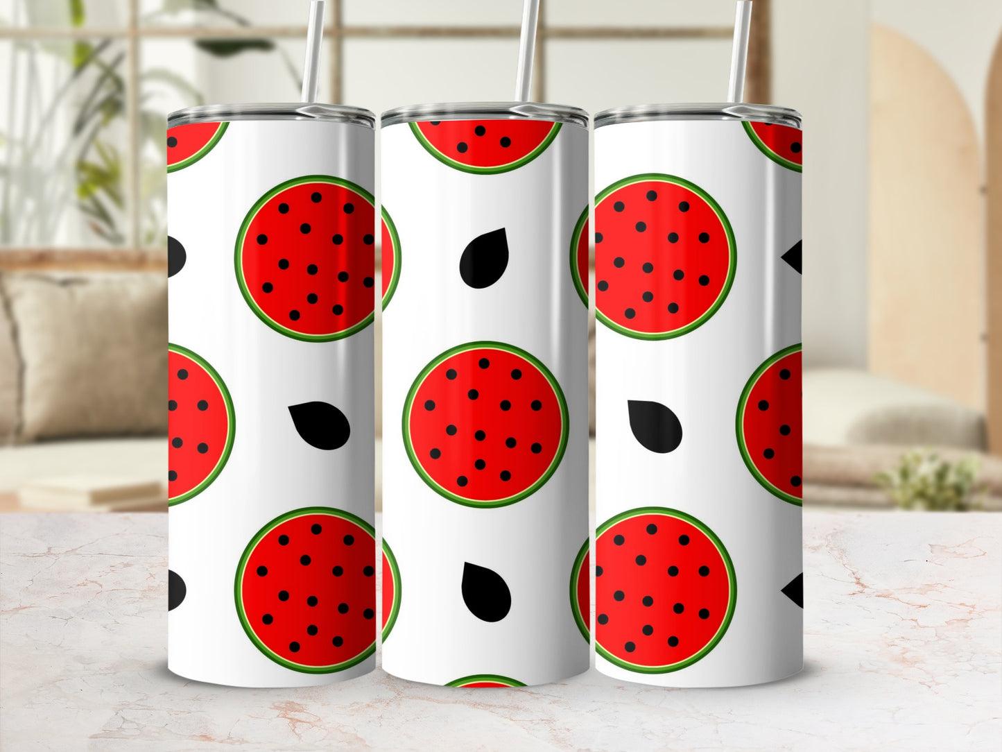 Three tumblers with a repeating pattern of sliced watermelons and seeds.