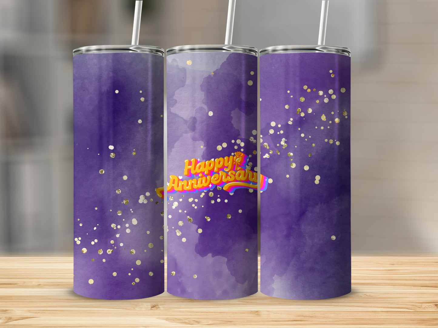 Purple watercolor tumbler with "Happy Anniversary" and gold confetti.