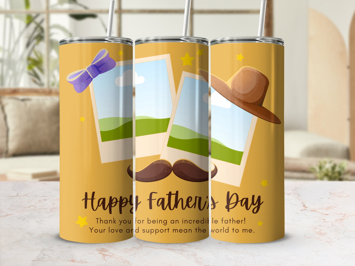 Happy Father's Day tumbler with photos, bow tie, mustache, and hat design.