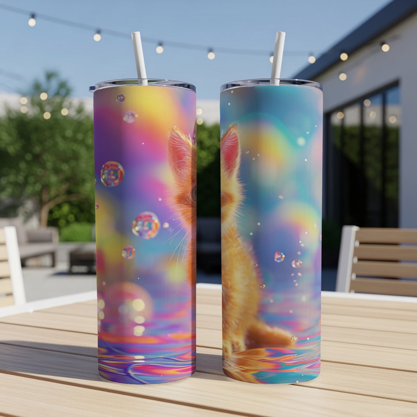 Two tumblers with a colorful cat and bubble design.