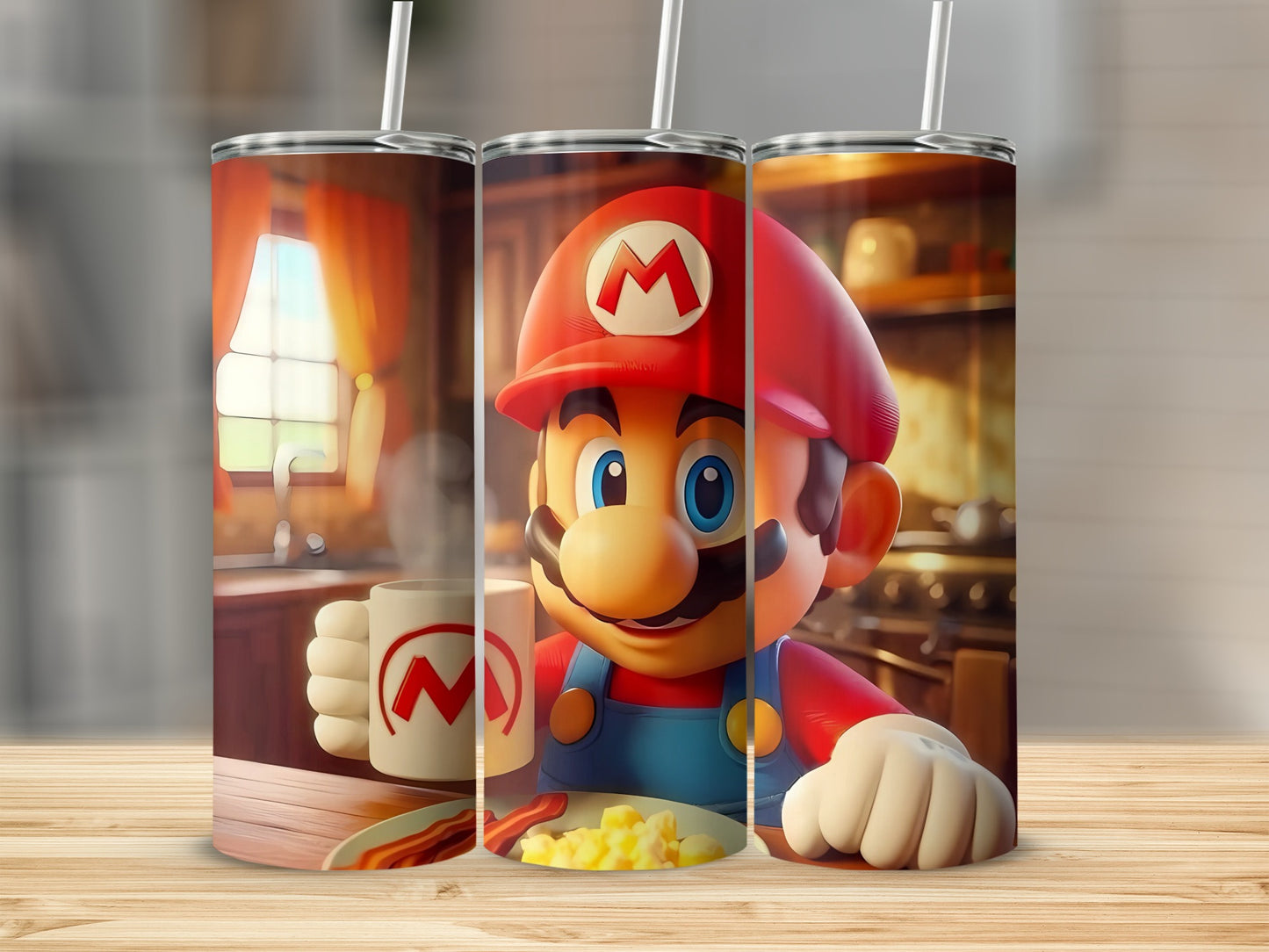Cartoon Character Tumbler with Breakfast and Mug Scene