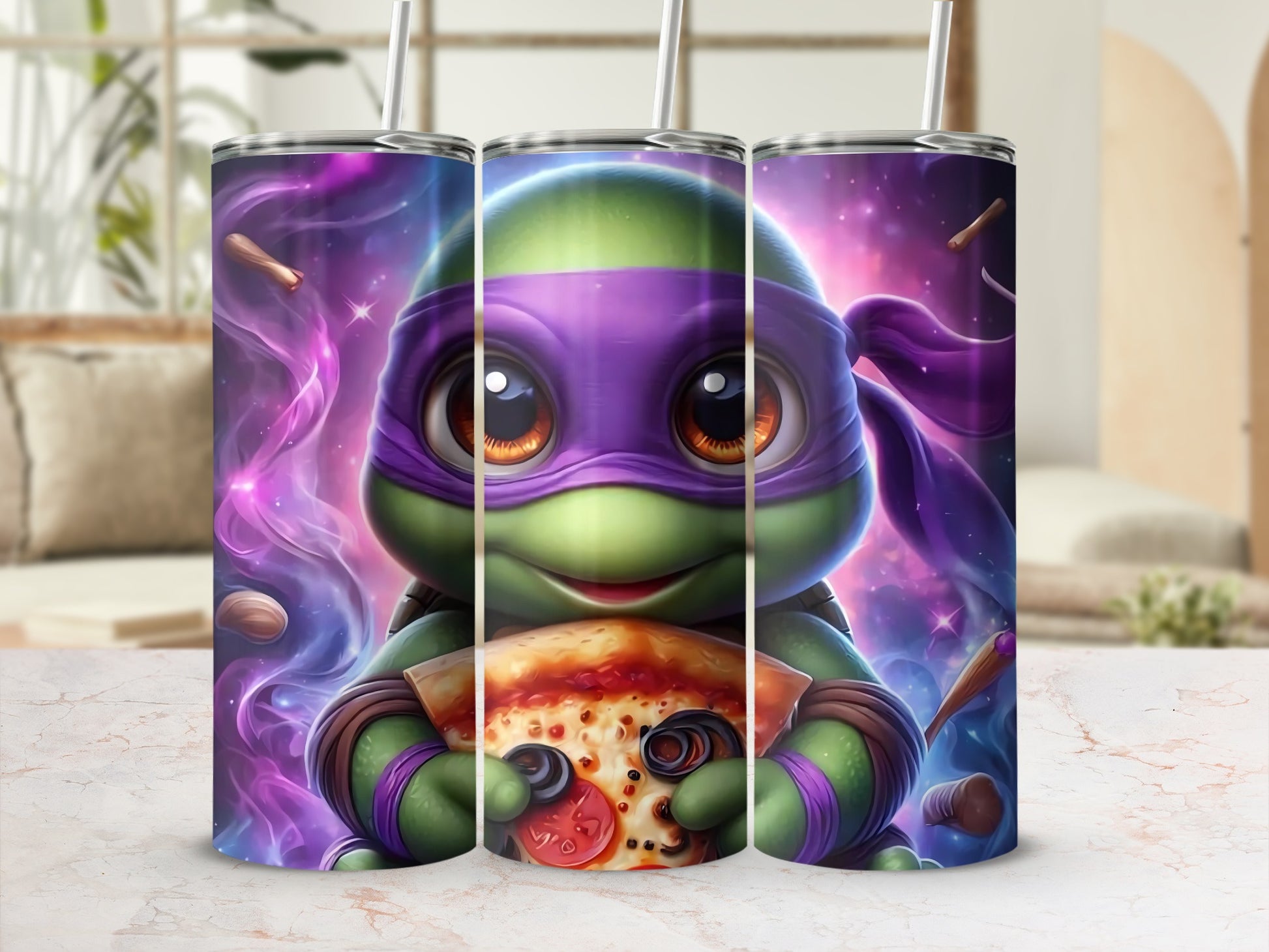 Cute Ninja Character with Pizza Tumbler Cup
