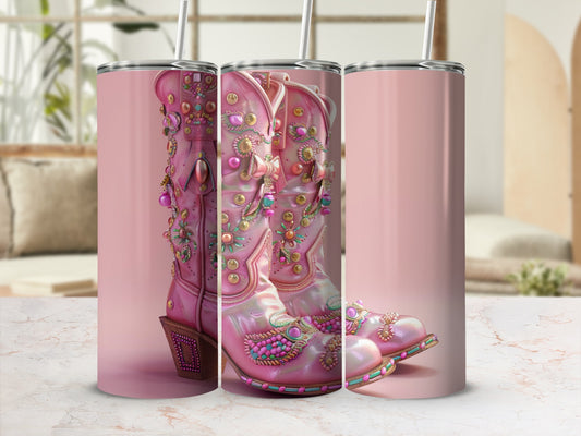 Pink cowboy boots with ornate embellishments, shown in a triptych display.