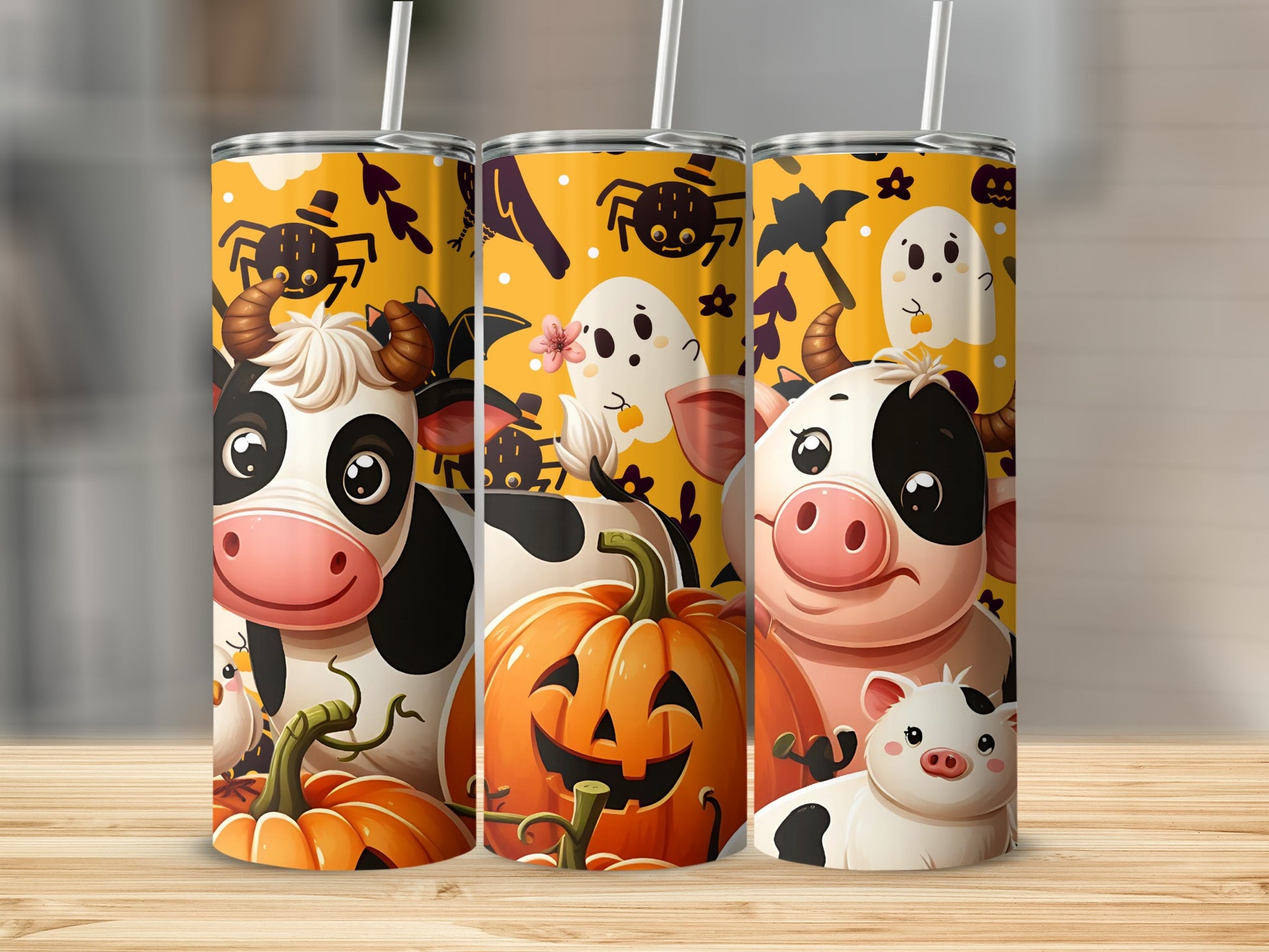 Halloween Cow and Pumpkin Cartoon Tumbler Design
