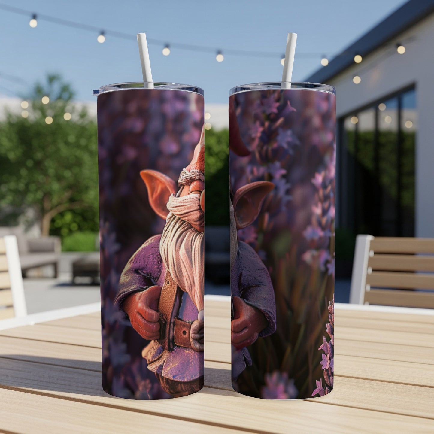 Two tumblers with a garden gnome design sit on a table.
