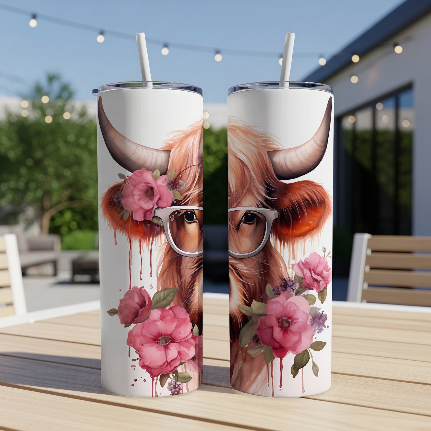 Cow with flowers and glasses on a tumbler.