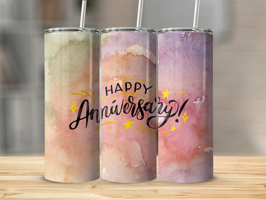 Three tumblers with watercolor designs and "Happy Anniversary!" text.