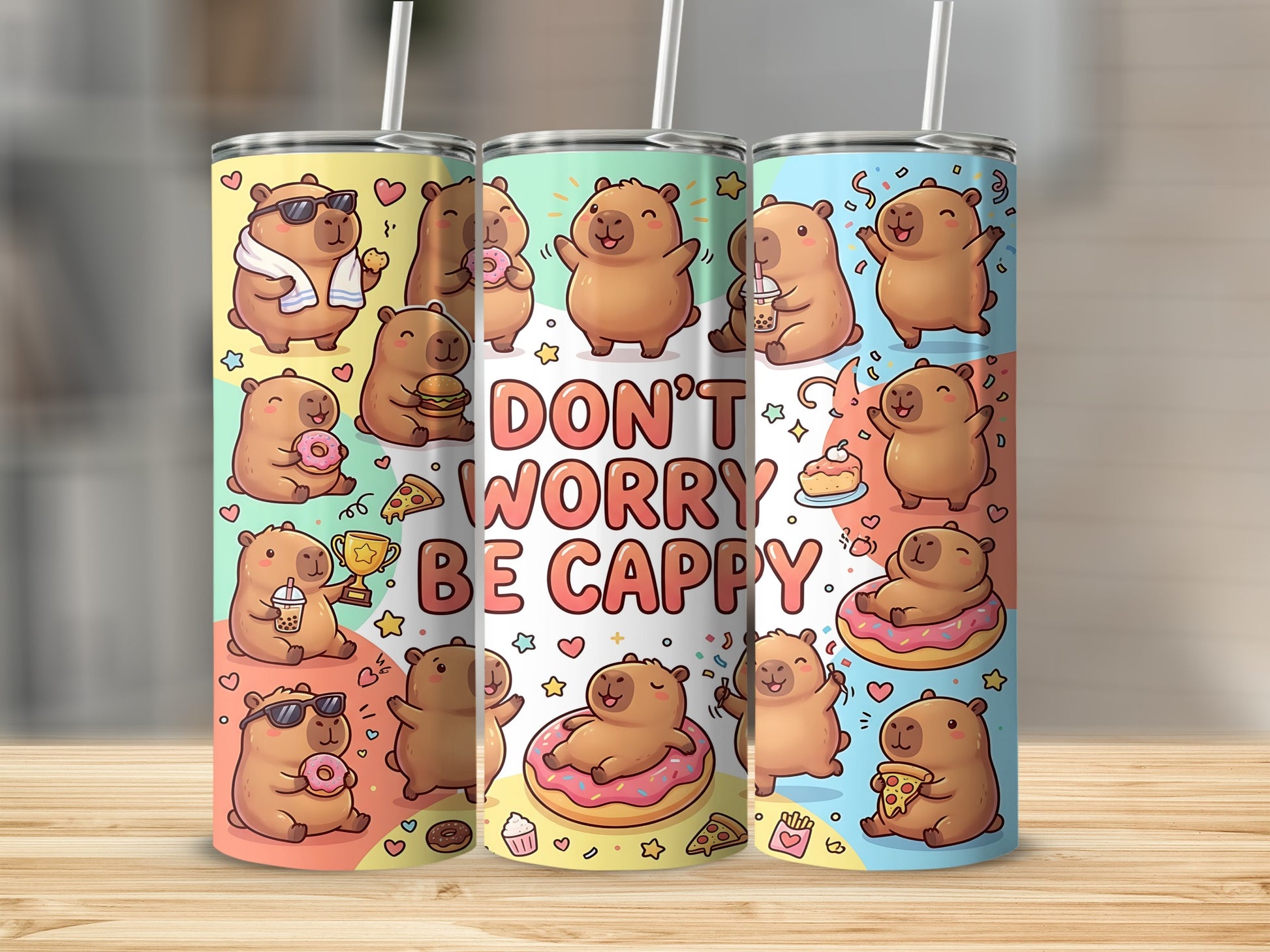 Three tumblers with cartoon capybaras, one with text "Don't Worry Be Cappy."