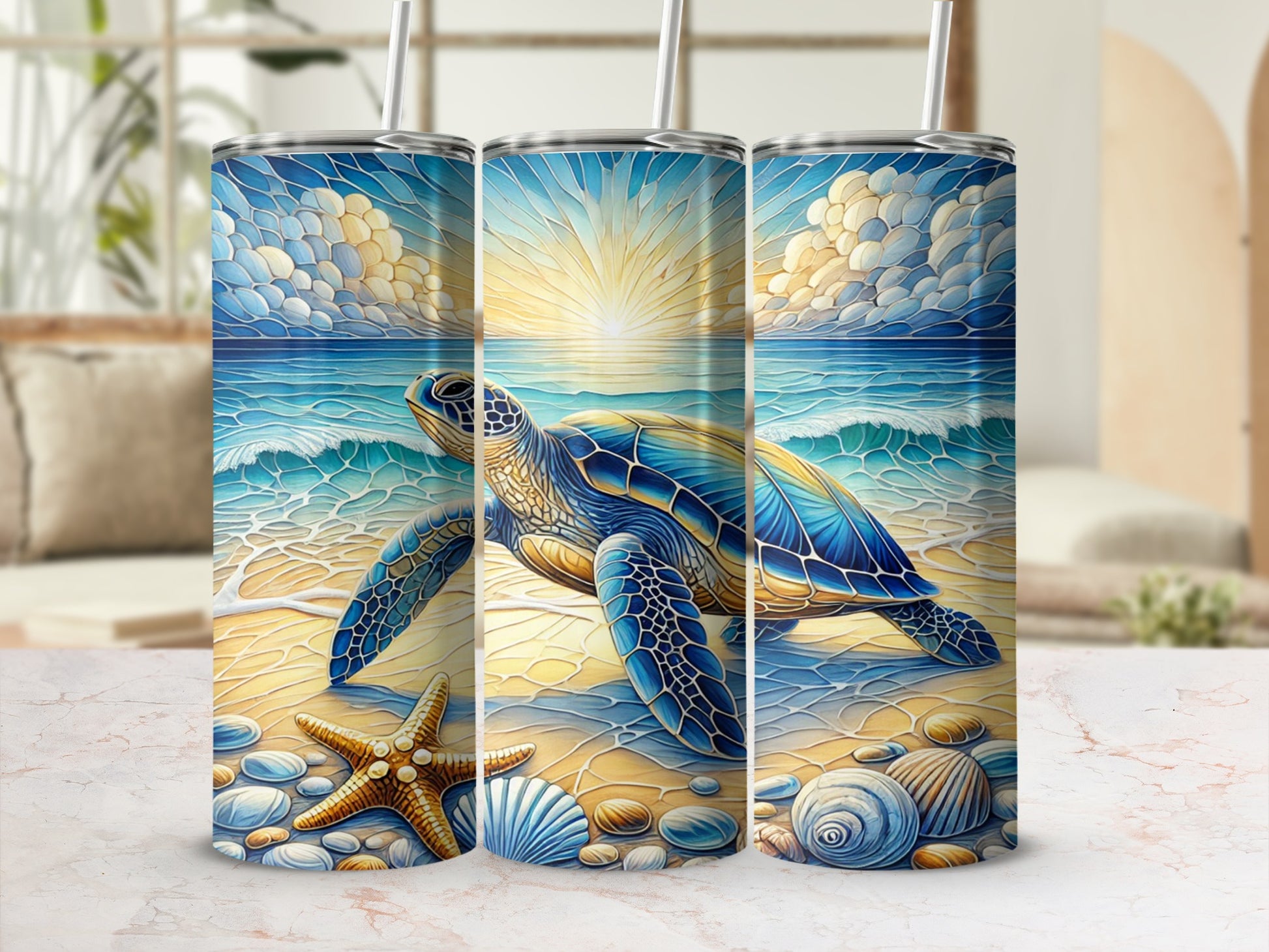 Sea Turtle and Starfish Beach Art Tumbler
