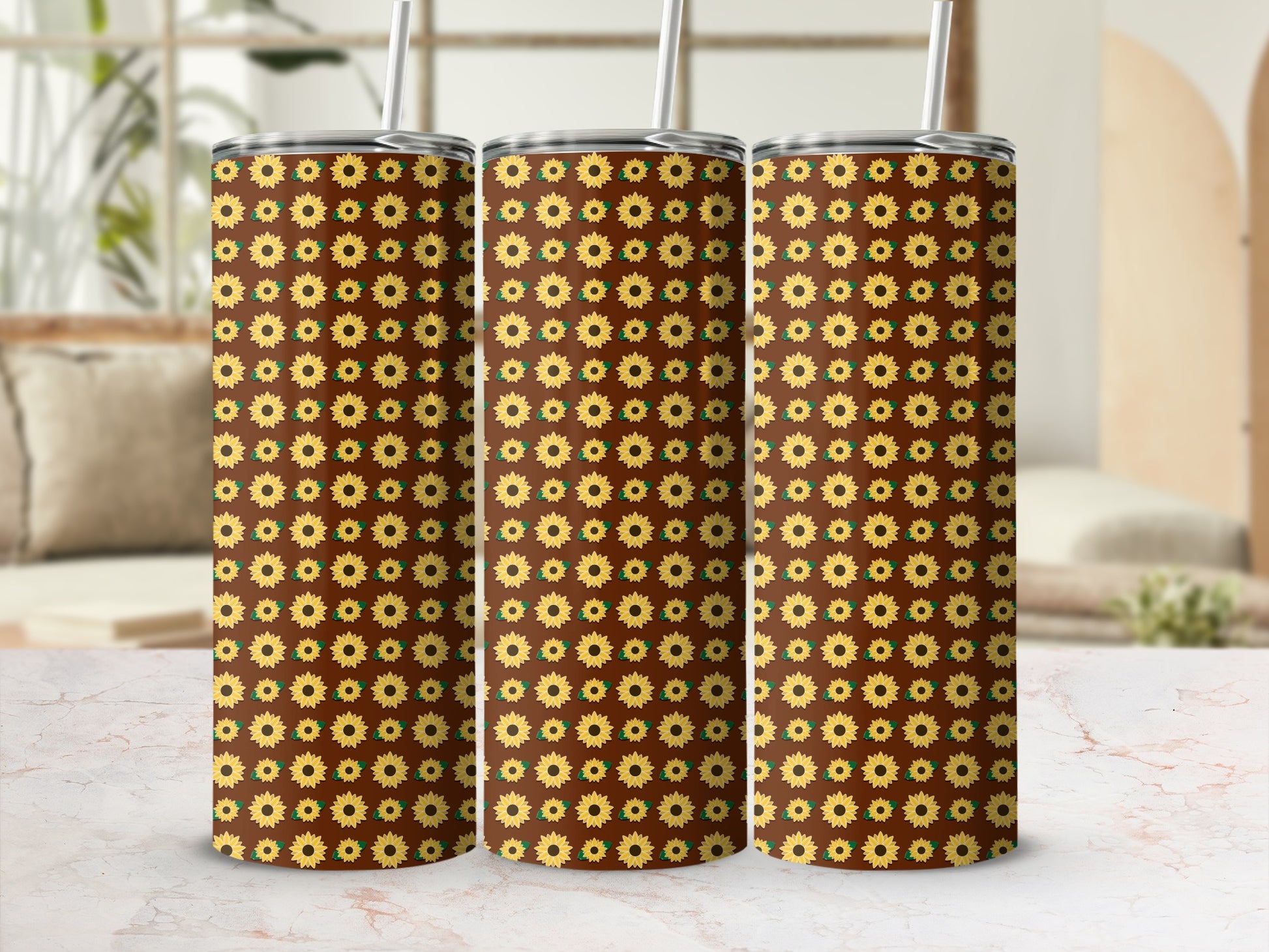 Three sunflowers on a brown background tumbler with straw.