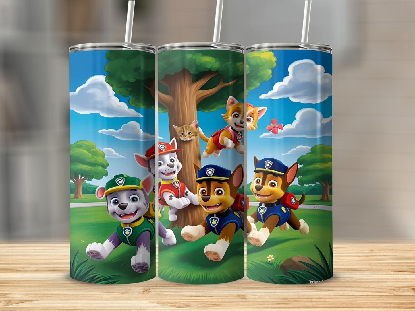 Paw Patrol characters Chase, Marshall, and Skye running in a park.