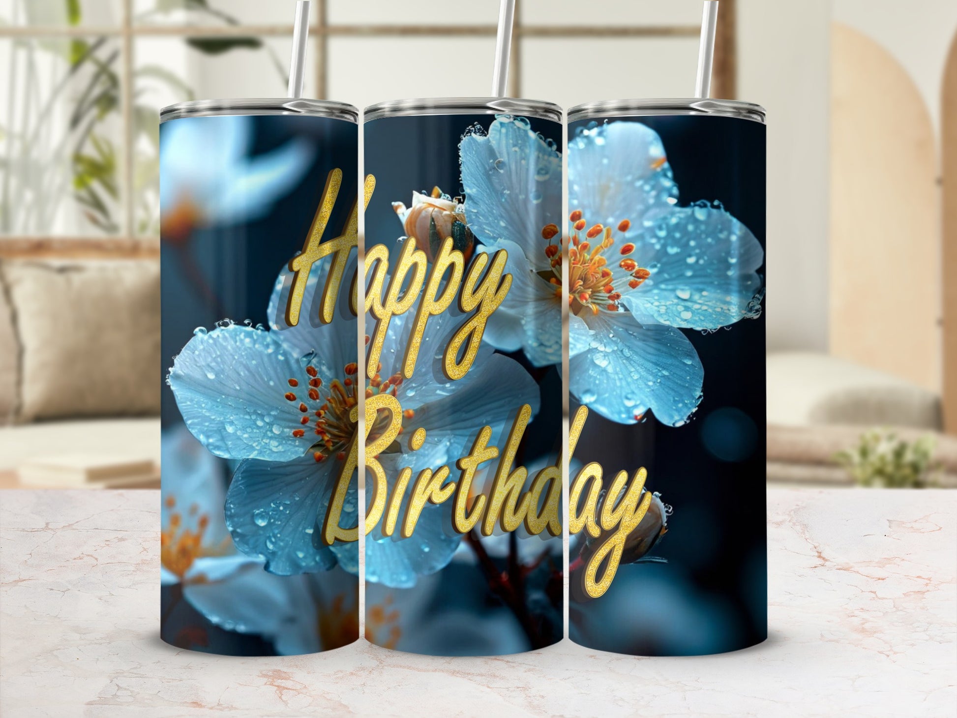 Blue floral tumbler with "Happy Birthday" text.