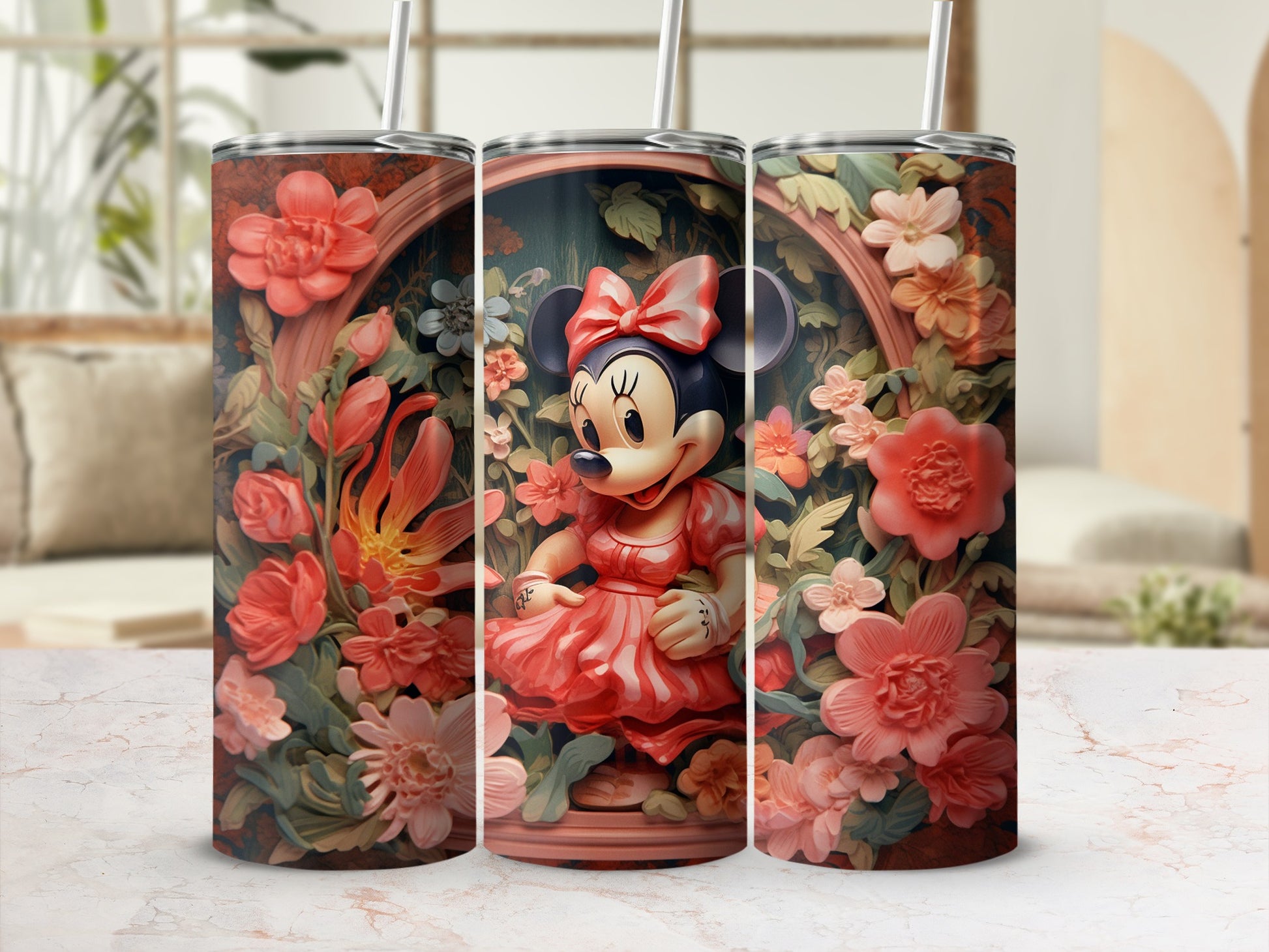 Floral Minnie Mouse themed tumbler for stylish hydration