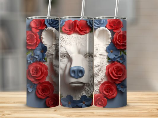 White bear face with red roses and blue flowers on a blue tumbler.