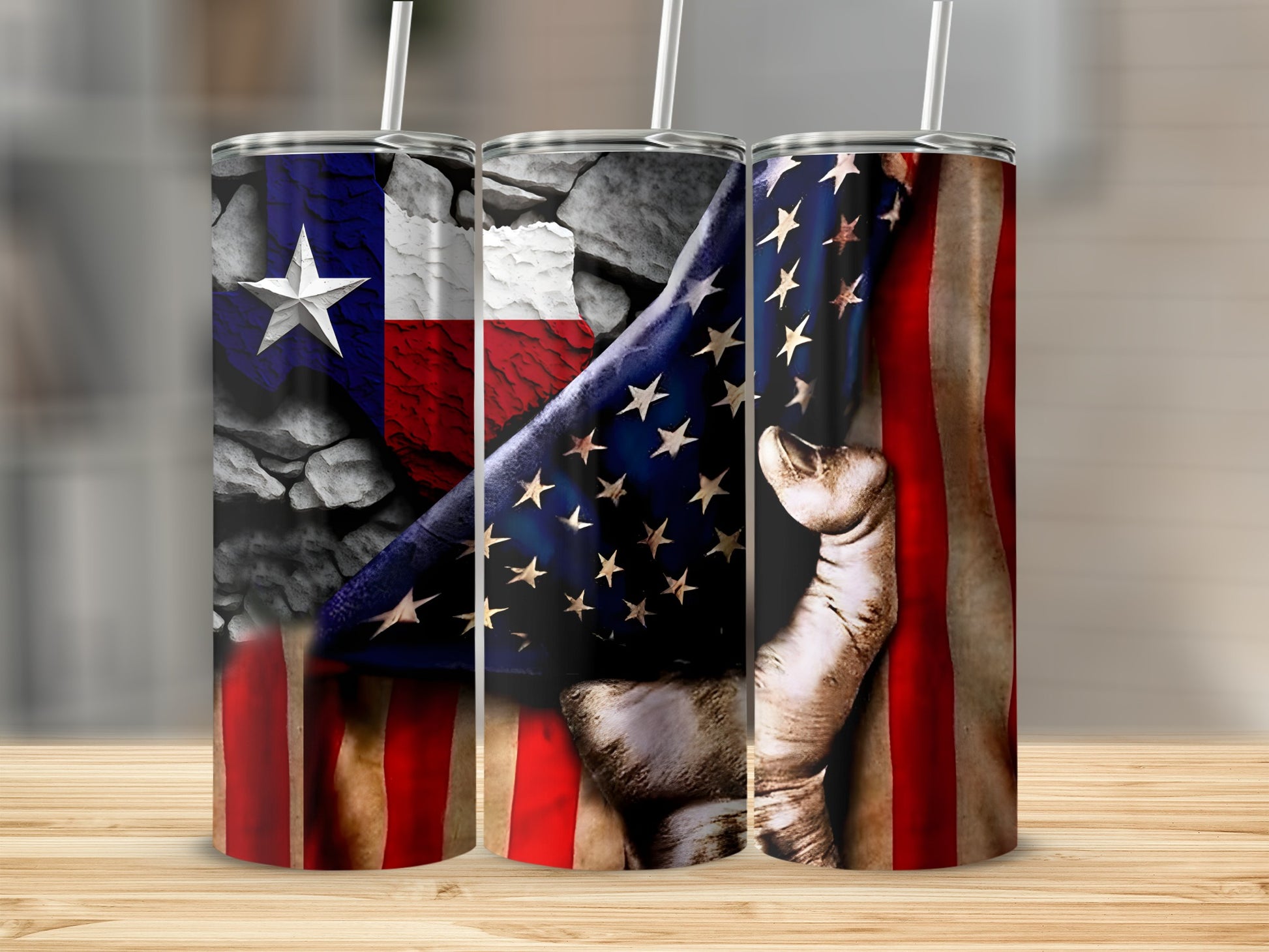 Tumblers featuring Texas and American flags with rocky texture.