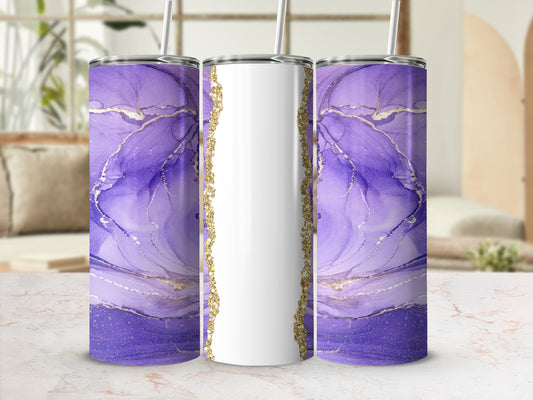 Purple abstract marble design tumbler with gold accents, on a marble surface.
