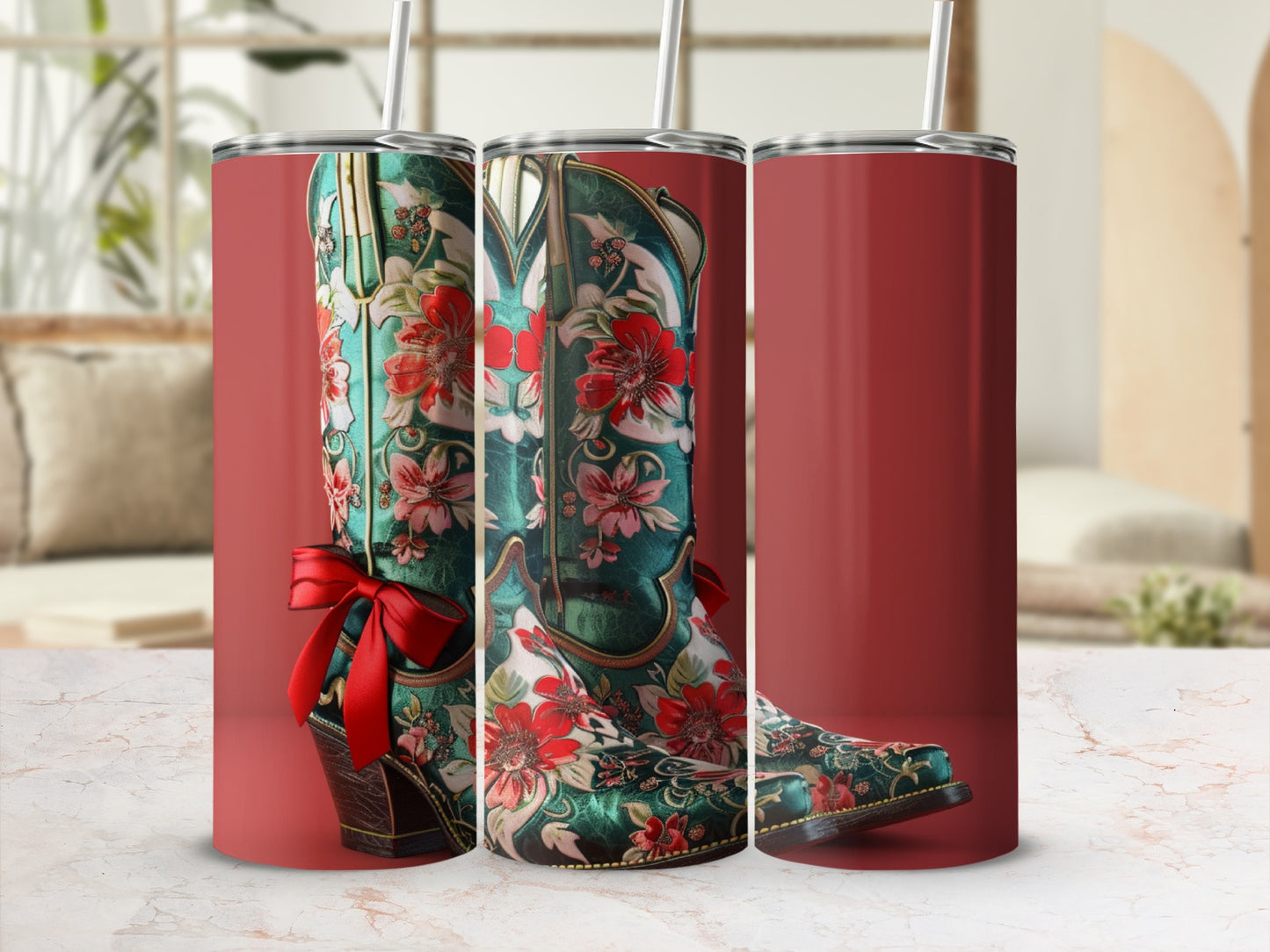 Triptych of a teal cowboy boot with red floral pattern and red bow.